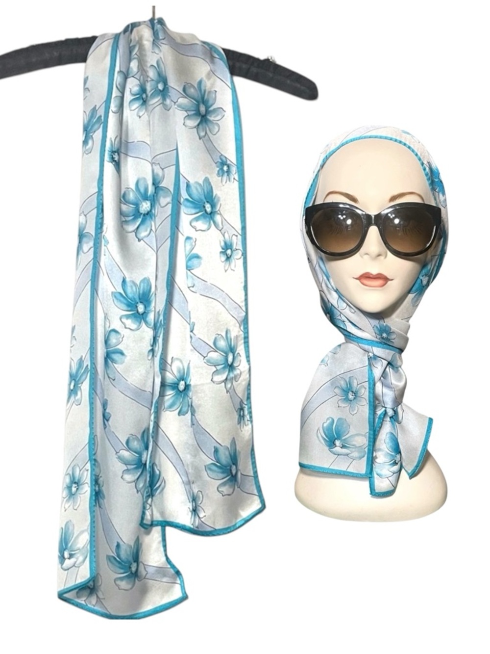 Blue White Floral 100% Silk Scarf - ELAINE GOLD for Collection XIIX - 
53” x 10”
